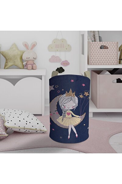 BAMBAŞKA MODA Baby and Children's Room Princess Girl Sitting on the Moon Patterned Navy Blue Toy Basket