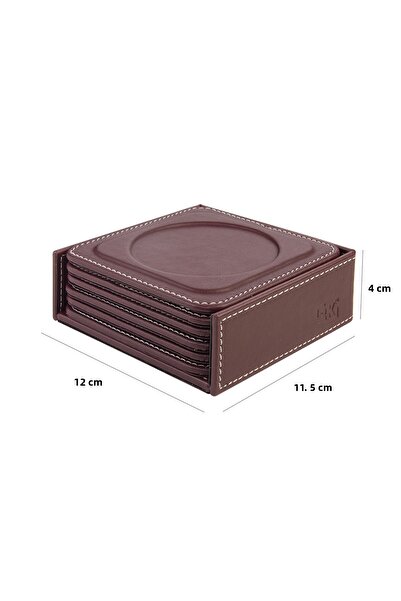 2K Coasters, Set of 6, Desktop Round Cup Coaster, Vegan Faux Leather, 11X11 Cm., Burgundy