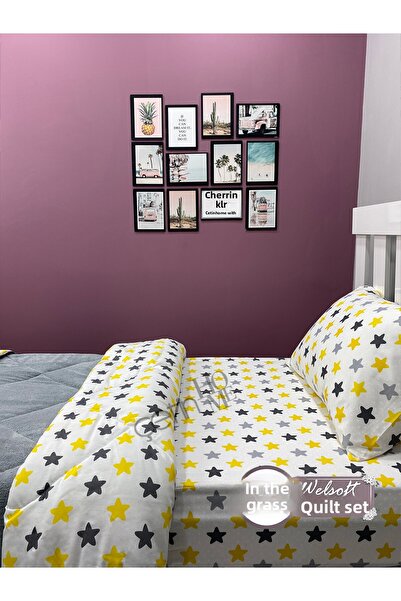Çetinhome Single Reversible Welsoft Quilt with Pillow Case Soft Surface 155x215cm Yellow Star