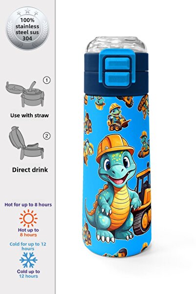 Coral High Kids Blue Dinosaur Patterned Steel Thermos with Straw and Direct Drinking 500 ml 31799