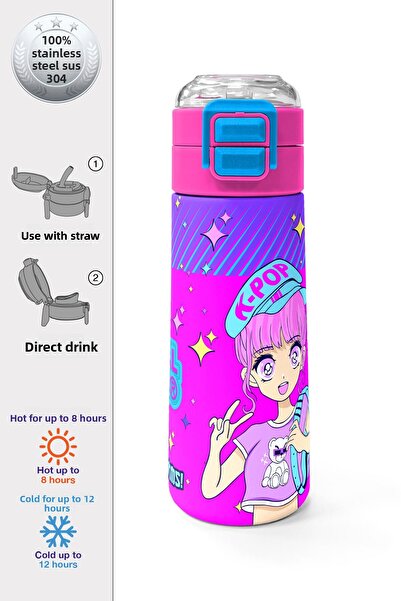 Coral High ترمس K-Pop منقوش باللون الأرجواني والوردي والأزرق للأطفال مع شفاطة...