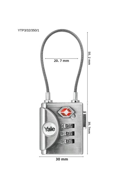 Yale kilit قفل Yale Ytp3 مع كابل، تغليف نفطة مشفرة، رمادي