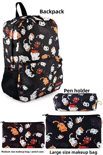 BYBAG Set de 4 cu model de pisici - Rucsac mare pentru machiaj și creion