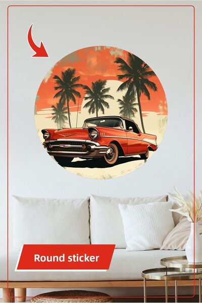 KOSS Dijital Autocolant rotund pentru mașină clasică retro, cu palmier, cu te...
