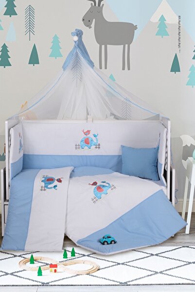 FISTIK BEBE طقم نوم للأطفال مكون من 9 قطع بنمط فيل مقاس 60 × 120 مع ناموسية