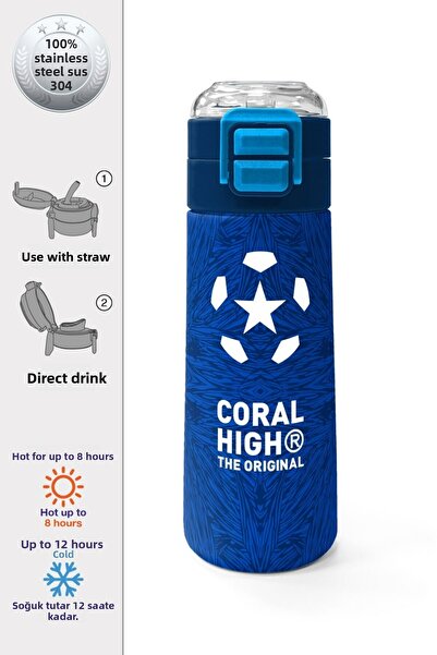 Coral High Kids Navy Blue Saks Football Patterned Straw and Direct Drinking Steel Thermos 500 ml 31897