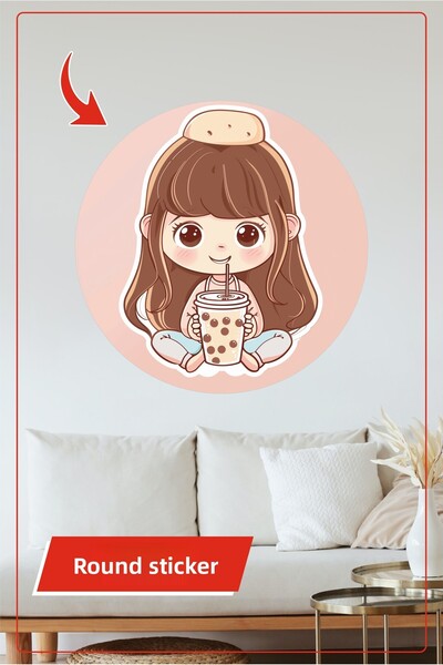 KOSS Dijital Autocolant rotund cu tema fetiță dulce și băutură cu păr maro, d...