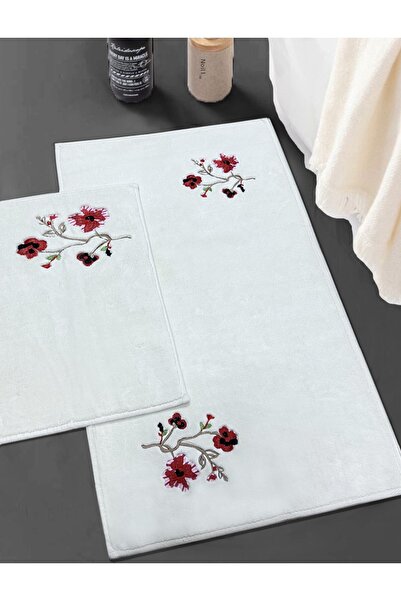 Chilai Home Douce Ecru Floral Embroidered 2-Piece 100% Cotton Bath Rug Set, Washable