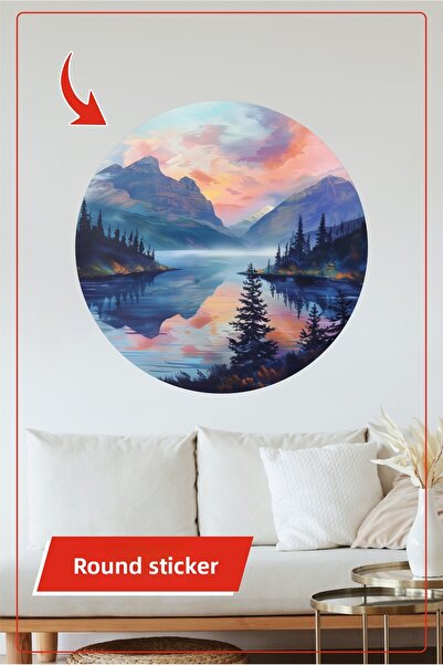KOSS Dijital Autocolant rotund cu tematică peisaj montan și apus de soare Dec...