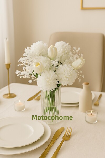 Mottogo باقة زهور اصطناعية مختلطة من الأقحوان الأبيض – التوليب – جيبسو