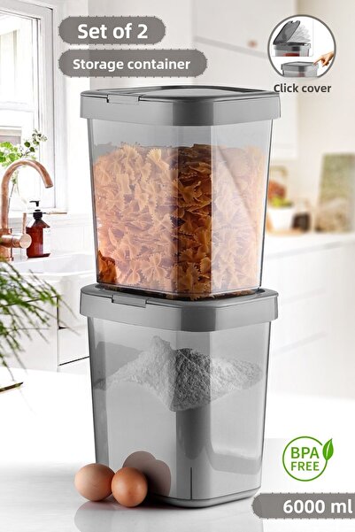 MYBOX 2-Piece Mega Flour Storage Container with Locking Lid, Detergent Dispenser, Powder Detergent Storage Box, 6 Lt