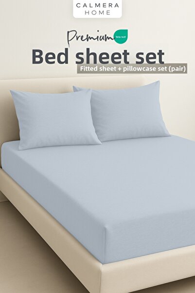 Calmera 100% Cotton Combed Elastic Fitted Sheet Set + 2 Pillowcases |   Double/King Size - Light Blue