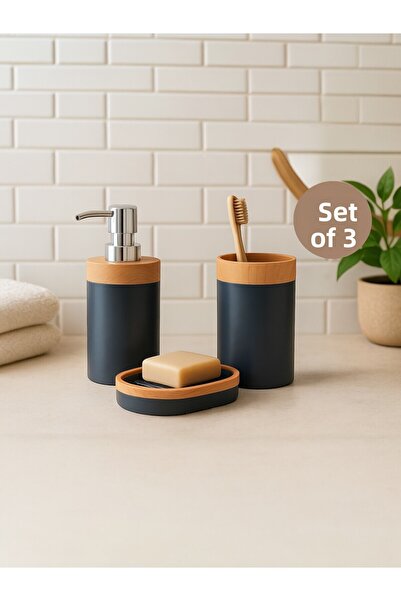 Nesto Home طقم حمام من 3 قطع بمظهر الخيزران - موزع صابون سائل، حامل فرشاة أسن...