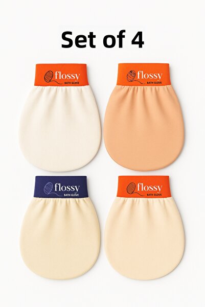 Flossy BATH GLOVE مجموعة من 4 قفازات حريرية 100% - للعناية بالبشرة في الحمام والدش، قفاز تقشير للوجه والجسم