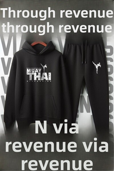 Vordevia Set de trening cu glugă unisex cu imprimeu Muay Thai Kickboxing