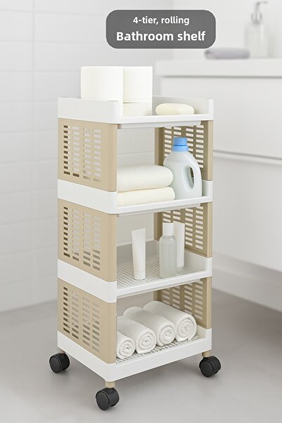 Meleni Home رف حمام بـ 4 طبقات مع عجلات - حامل مناشف ومنظف ومكياج ومنظم وحدة رفوف باللون البيج
