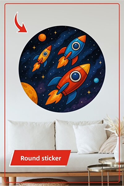KOSS Dijital Autocolant rotund cu rachete spațiale, cu tematică albastru portocaliu, decorare decorativă pentru perete pentru camera copiilor