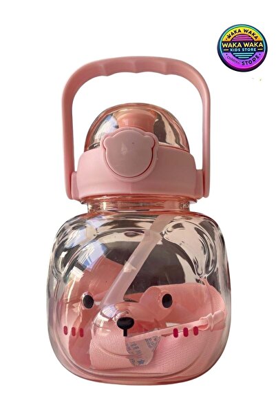 ww waka waka kids store زجاجة مياه للأطفال بتصميم دمية دب 500 مل - زجاجة مياه شفافة لطيفة مع حزام وغطاء مانع للتسرب