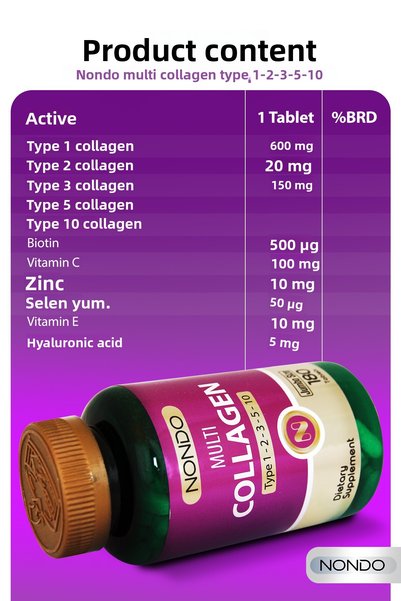 Nondo Multi Collagen 180 Tablets (Jumbo Size 5 Types Collagen Type 1-2-3-5-10 Hyaluronic Acid Zinc)