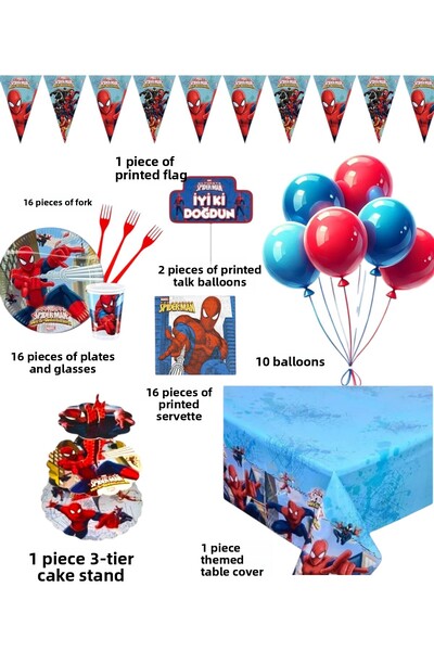Evabrite Set de petrecere de aniversare pentru 16 persoane Spiderman - Suport pentru tort pentru decorațiuni de petrecere cu conceptul Spiderman
