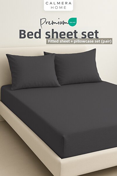 Calmera 100% Cotton Combed Elastic Fitted Sheet Set + 2 Pillowcases |   Double/King Size - Anthracite