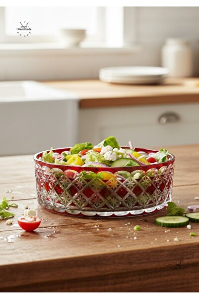 Akden Kristal Crystal Cutting Decor Estrella 25 cm Red Glass Bowl