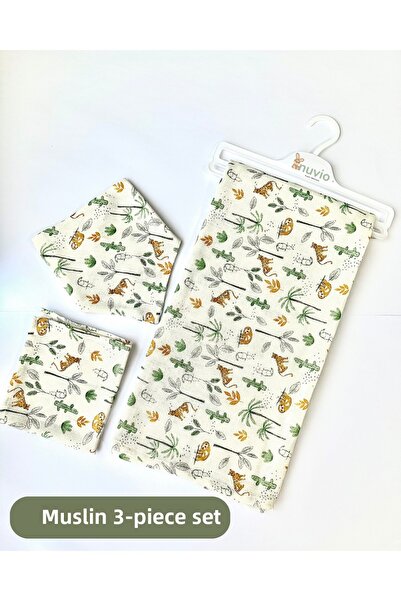 NuvioKids طقم بطانية من القطن العضوي مكون من 3 قطع - بطانية من الموسلين، مناد...