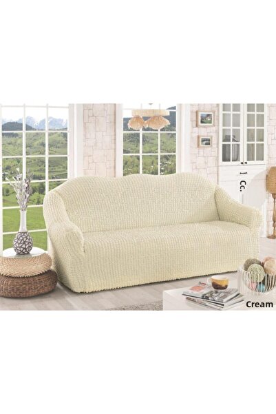 Karna Home Cream Color 3-Seater Cotton Sofa Couch Cover - Stretch