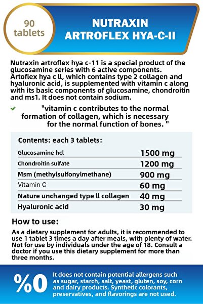 Nutraxin Artroflex Hya-C-Ii 90 Tablets–Type Ii Collagen, Glucosamine, Msm, Hyaluronic Acid Joint Support Supplement