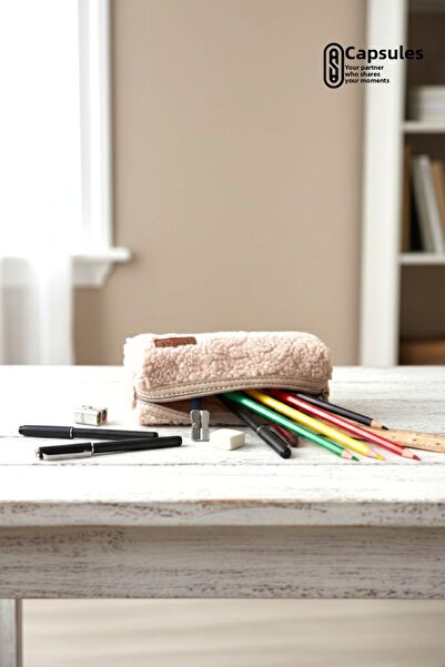 caps office Fur Textured Plush Pencil Case – Single Compartment, Zippered, Soft Texture Pen Holder