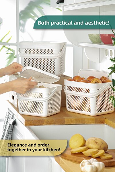 MYBOX Σετ 3 καλαθιών αποθήκευσης λαχανικών με καπάκι, οργανωτής κουζίνας πολλαπλών χρήσεων, καλαθάκια 5-8-12 λίτρων
