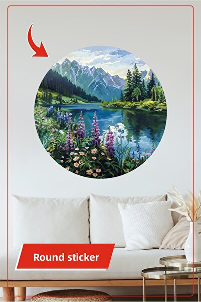 KOSS Dijital Autocolant rotund cu vedere la munte, pe malul lacului, cu flori...