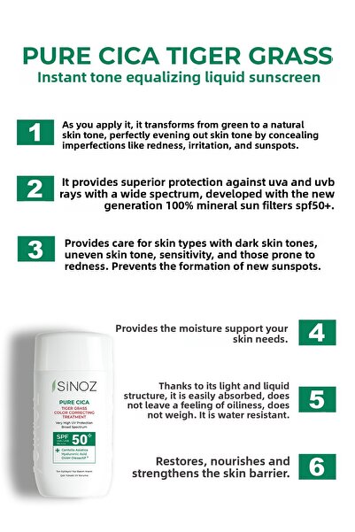 SİNOZ Pure Cica Tiger Grass - Instantly Tone Equalizing Moisturizing Spf50 Facial Sunscreen
