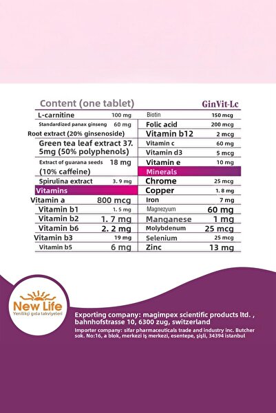 New Life Ginvit-Lc L- Carnitine 30 Film Tablets 2 Pieces