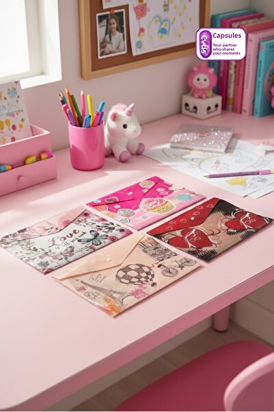 caps office 4 Pieces A4 File Set with Snap Fasteners (Envelope) for Girls – Love, Cupcake, Paris and Hearts