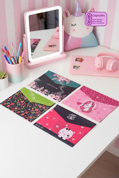 caps office 4 A4 Snap File Folders (Envelopes) for Girls – Unicorn, Lovely Kitten, Flower Garden, and Nature