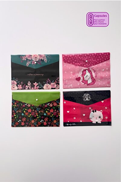 caps office 4 A4 Snap File Folders (Envelopes) for Girls – Unicorn, Lovely Kitten, Flower Garden, and Nature