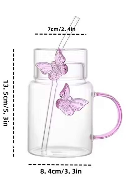 Jenisa Pink Butterfly Detailed Glass Cup - Mug with Lid and Pink Straw 500 ml