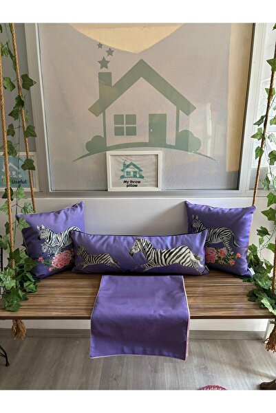 KIRLENTİM 4 bucăți-MOR ZEMİN - E712-Floral Zebra-Solid - Combinație de husă de pernă și runner