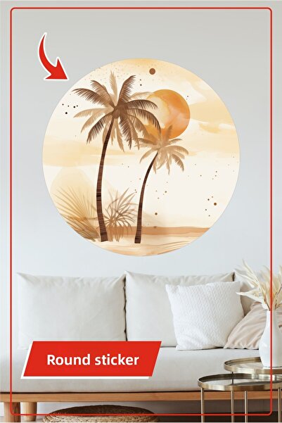 KOSS Dijital Autocolant rotund cu palmieri, apus de soare tropical, în tonuri...