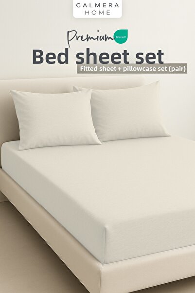 Calmera 100% Cotton Combed Elastic Fitted Sheet Set + 2 Pillowcases |   Double King Size - Ecru
