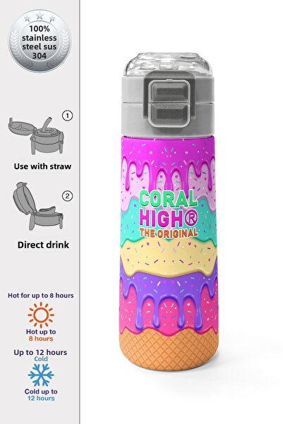 Coral High Kids Pink Colorful Ice Cream Patterned Straw and Direct Drinking Steel Thermos 500 ml 31938