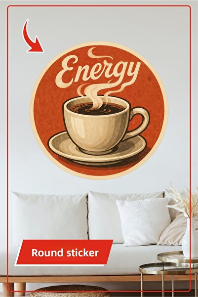 KOSS Dijital Autocolant rotund Energy Retro, decorativ în stil vintage, cu design de ceașcă de cafea cu fund roșu