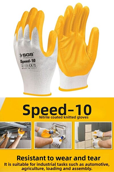 SGS Work Gloves, Nitrile Coated Knitted, Yellow Work Safety Gloves, Speed-10
