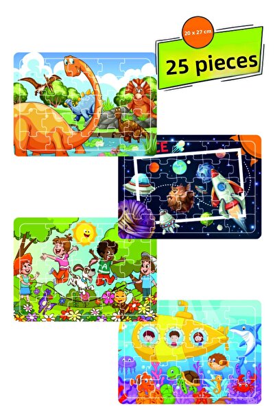Leelii Tasarım Cute Dinosaurs, Undersea, Space, Happy Children 25 Piece Wooden Puzzle Jigsaw Set of 4