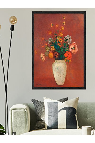 CeSht Red Background Vase Flower Single Piece Black Wooden Framed Painting