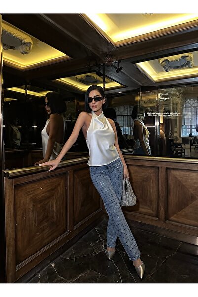 Diviny Γυναικείο τζιν με ψηλόμεσο μεταλλικό σχέδιο μπλε Palazzo