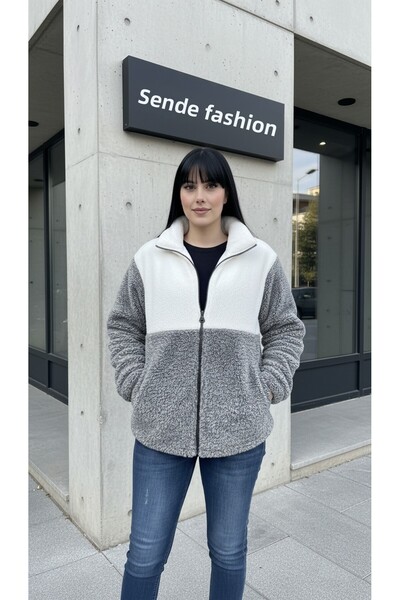 modasende Women's Color Block Plush Jacket Thick Regular Cut Zipper Closure