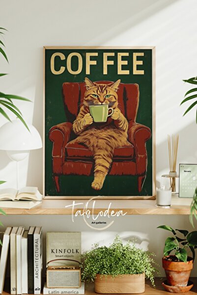 tablodea Ilustrație cu pisica băând cafea, tablou poster înrămat - Decor pent...