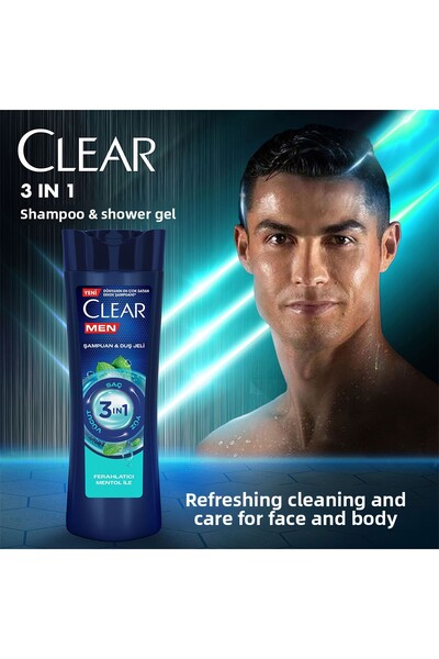 Clear Men 3 In 1 Shampoo and Shower - Refreshing Menthol, 350 ml for Hair Face Body